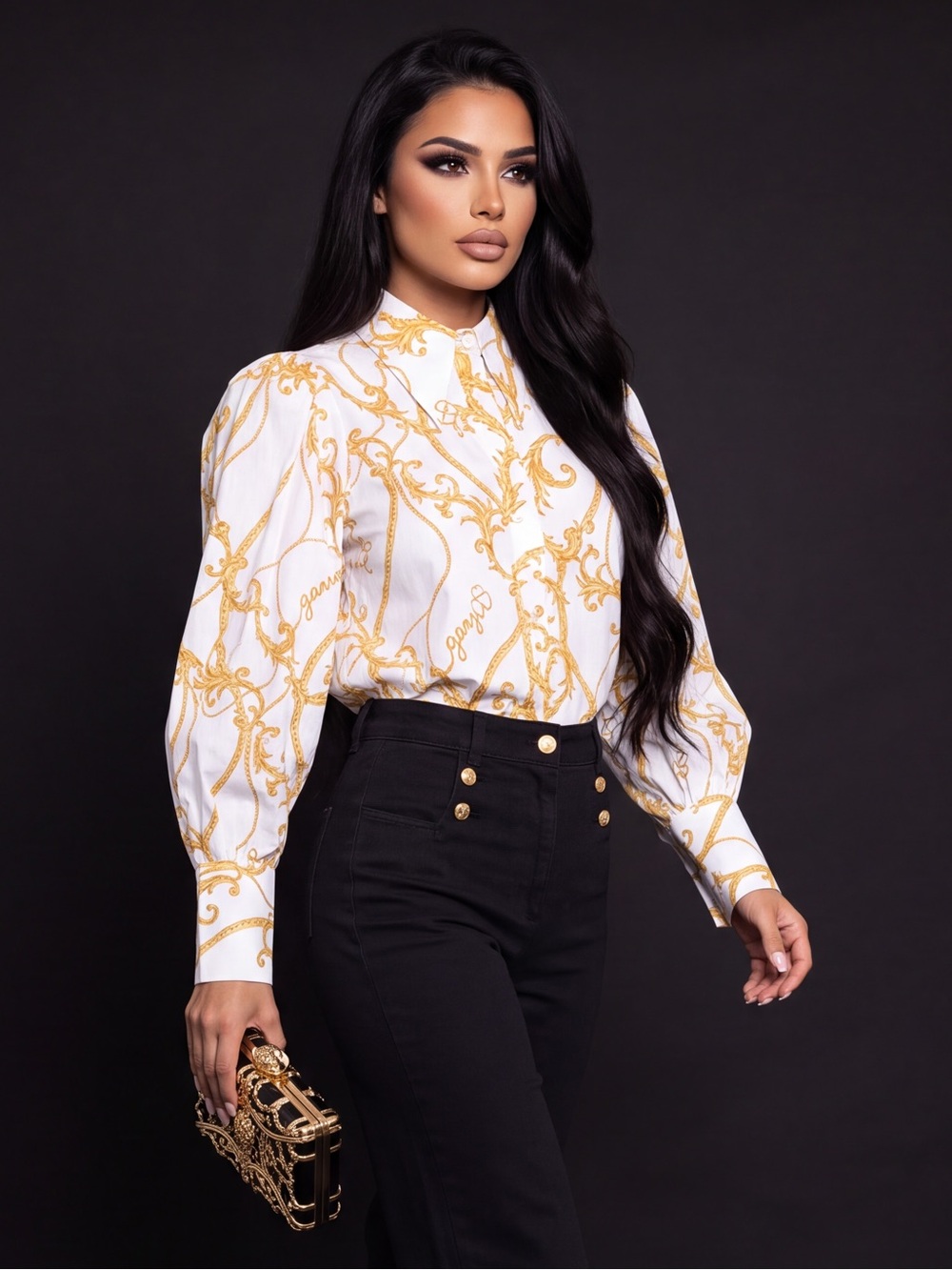 Ganni White Button-Front Blouse with Gold Scroll Print